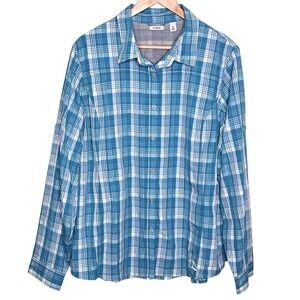 LL Bean Button Up Tech Shirt Teal Plaid Womens Size XL Fishing Nylon Long Sleeve